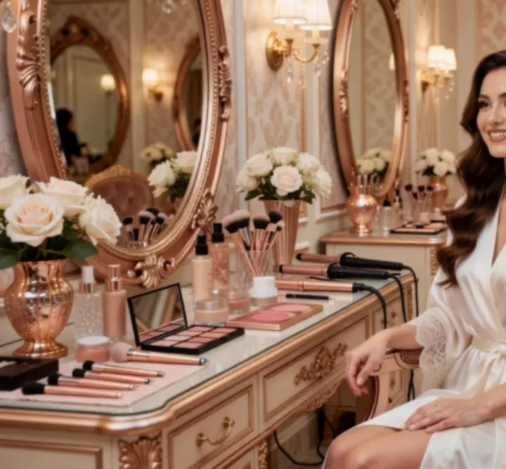 Bride having hair and makeup styled before her wedding