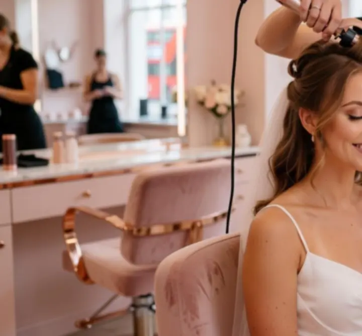 Bride having her hair styled in a luxurious salon setting.