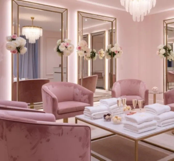 Elegant bridal salon interior with soft seating and styling stations prepared for a bridal party.