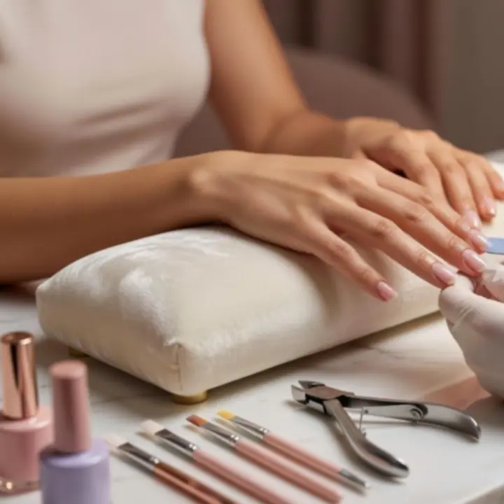 Close-up of a manicure treatment with polished nails