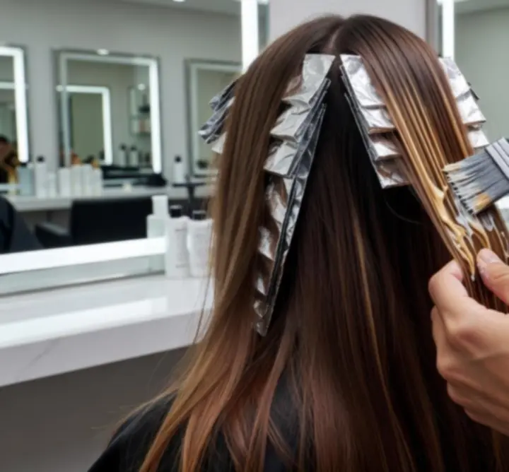 Before and after hair colouring transformation with soft highlights
