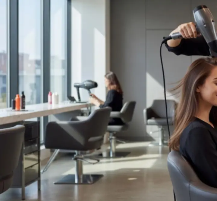 Hair stylist creating a polished haircut and blowout