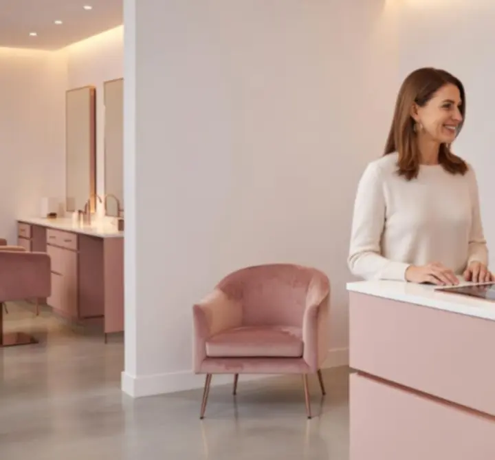 Stylist assisting a client with booking a salon appointment on a tablet.