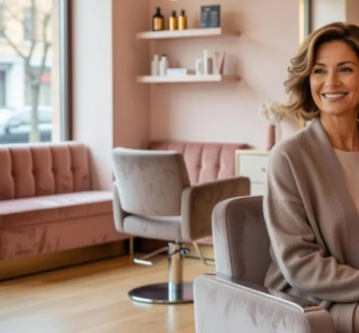 Happy salon client sharing feedback with a stylist