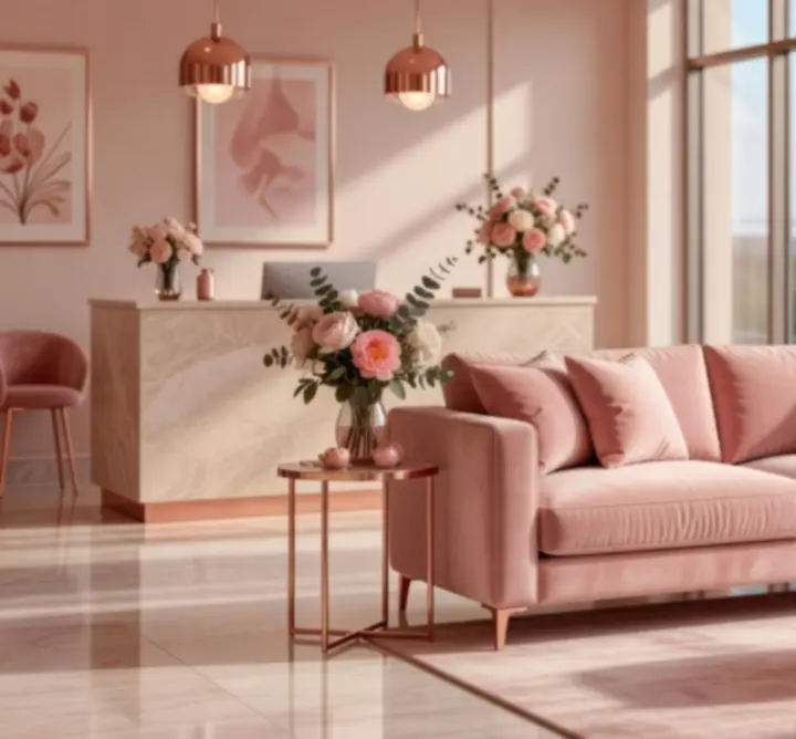 Luxury salon waiting area with plush seating and soft lighting.
