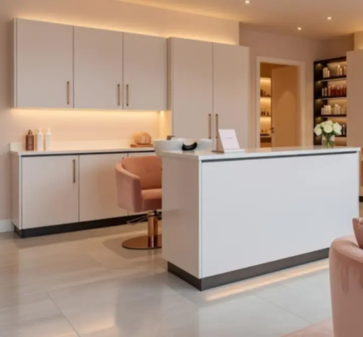Luxurious, contemporary salon interior with elegant seating and styling stations.