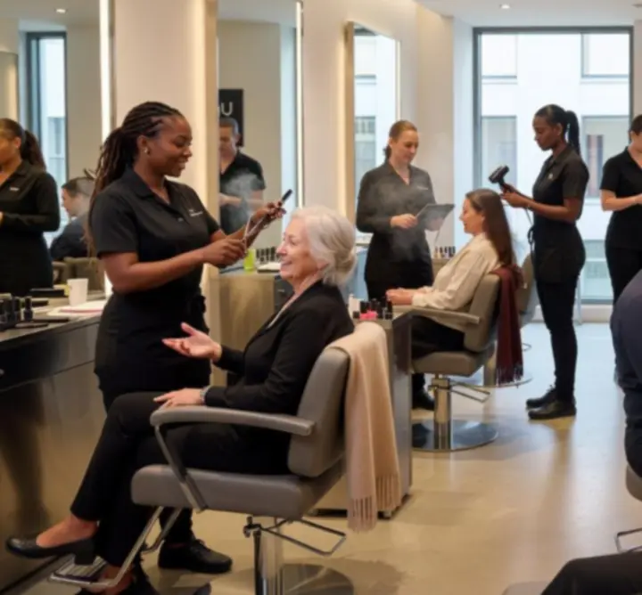 Group of professional stylists working with clients inside a modern salon.