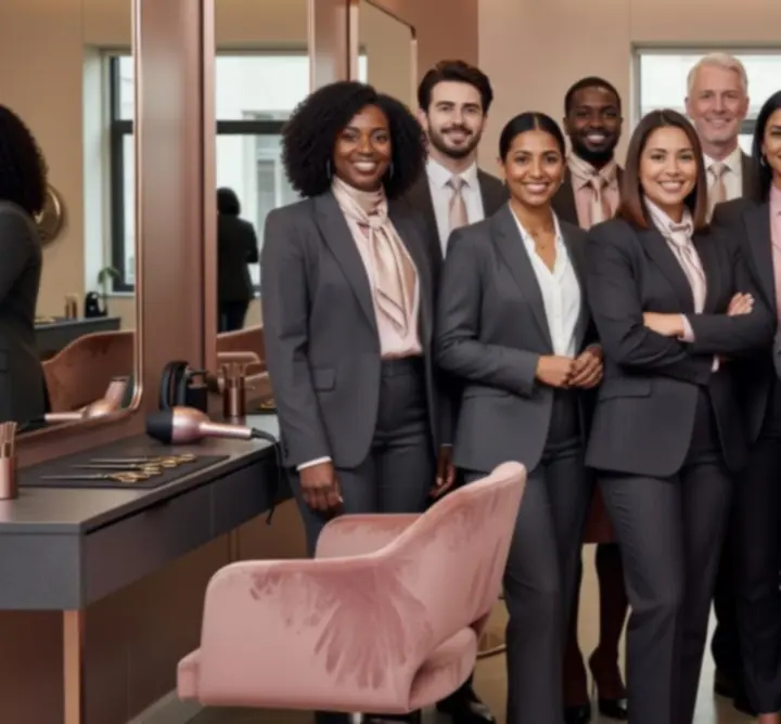 Team of professional hair and beauty stylists in a modern salon