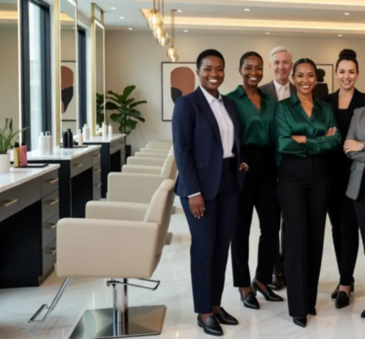 Team of professional hairdressers smiling together in the salon